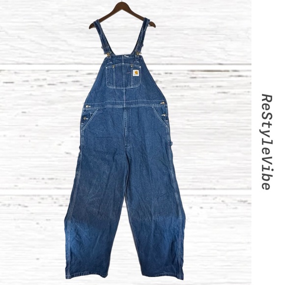 CARHARTT Men’s Size 44 Denim Jean Bib Overalls Vintage Carpenter Pockets Cotton - Picture 1 of 16